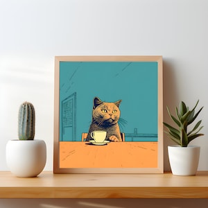 British Short Hair Cat Chilling with Coffee - Quirky Kitchen Wall Art - Square Art Print Poster Gift- Coffee Lover Decor
