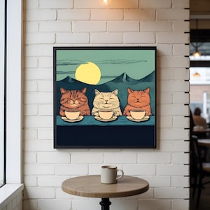 マウンテンキャッツコーヒープリント - コーヒー愛好家のための面白い猫のポスター、風変わりな屋外猫アート、かわいいコーヒーバーの装飾 - 猫好きへのギフト