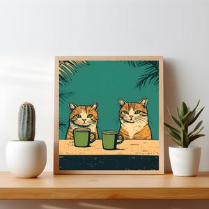 Póster de gatos tropicales relajándose con un café - Arte peculiar de gato naranja - Decoración de pared retro divertida