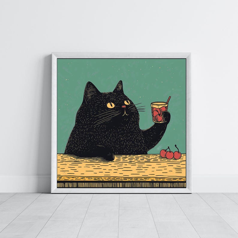 Black Cat Cocktail Art Print, Funny Cat Kitchen Wall Decor, Bar Cart ...