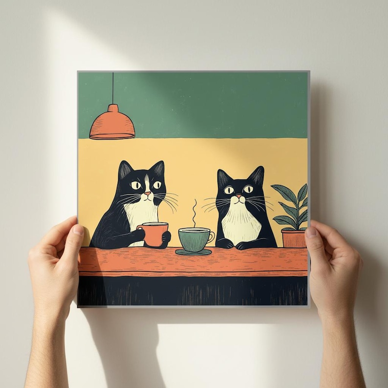 Tuxedo Cats Kunstwerk - Kaffee Poster - Retro schrulliges Cafe Dekor - Kaffee Liebhaber Geschenk Bild 3