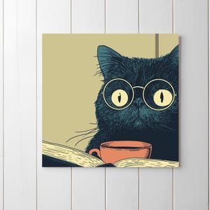 Black Cat Reading Coffee Art Print – Funny Cat Wall Art, Book & Coffee Decor, Cat Lover Gift, Kitchen Poster, Dopamine Decor Gift for Her