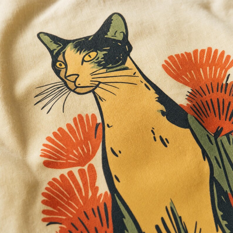 Pu&ograve; includere: Un tessuto beige chiaro con una stampa grafica di un gatto dagli occhi gialli e macchie scure. Il gatto &egrave; circondato da fiori arancioni stilizzati e fogliame verde, realizzati in uno stile illustrativo audace con netti contorni neri.