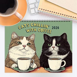 2026 Cat Wall Calendar – Cats Chillin&#39; With Coffee – Funny Cat Calendar, Cat Lover Wall Calendar Gift, Quirky Cat Decor, Coffee Calendar