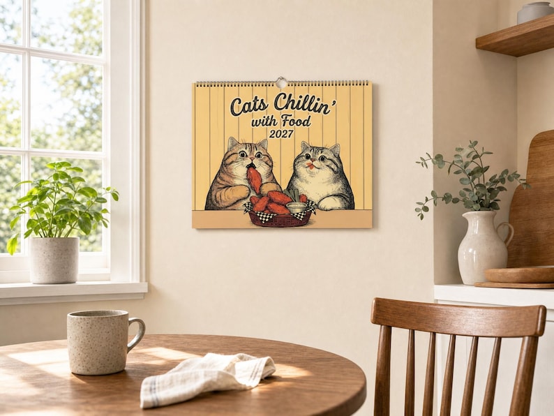 Puede incluir: Un calendario de pared 2027 con fondo amarillo de l&iacute;neas verticales y una ilustraci&oacute;n de dos gatos comiendo pollo frito de una cesta. El texto dice Cats Chillin' with Food 2027 en una fuente marr&oacute;n oscuro manuscrita y sin remates.