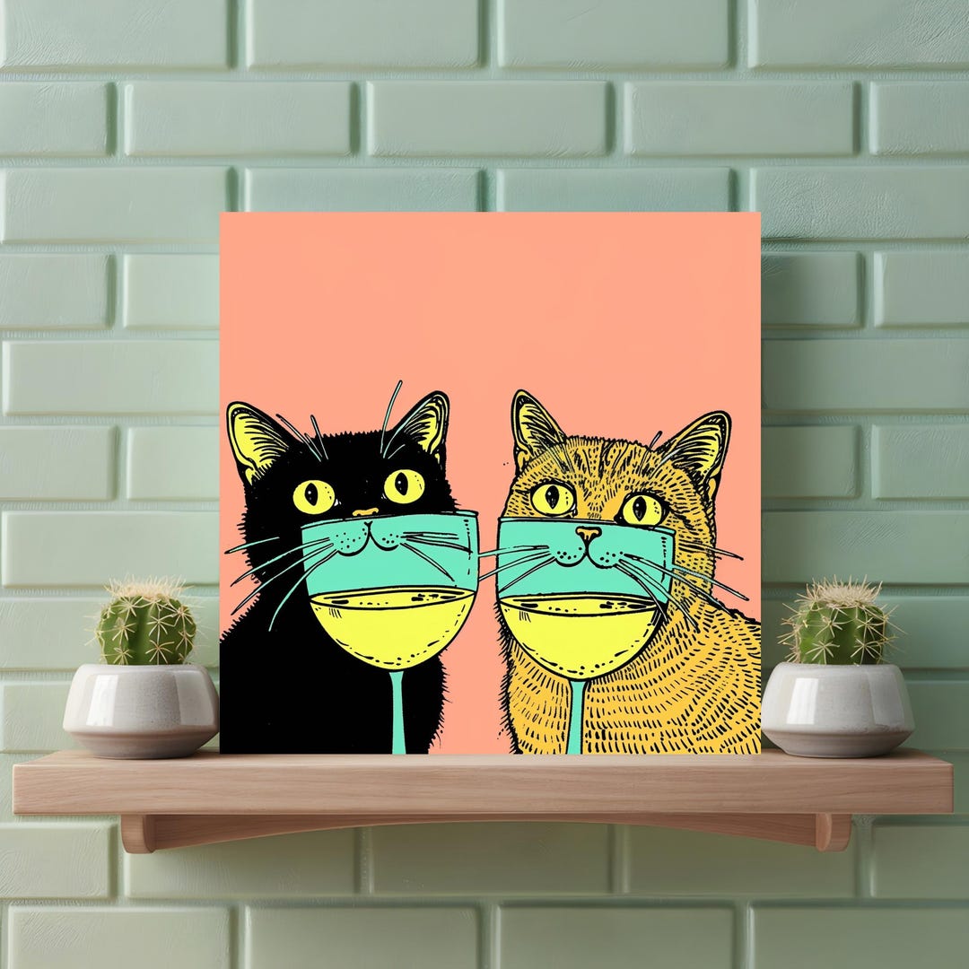 Funny Cat Wine Wall Art - Quirky Dorm Decor, Cute Cat Print, Bar Wall ...