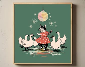 May include: A framed art print featuring a whimsical illustration of a cat in a red dress dancing with white ducks under a disco ball. The background is a solid green color, and the print has a wooden frame.