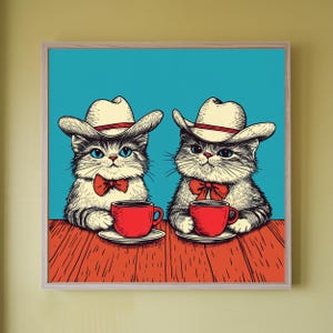 Poster "Cowboy Cats Coffee" - Arte murale massimalista eccentrica per gli amanti dei gatti, decorazione con dopamina, regalo unico e divertente di arte western per gli amanti dei gatti
