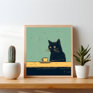 Black Cat Chilling with Coffee - Kitchen Wall Decor - Retro Vintage Quirky Illustration - Unframed Square Cat Art Poster