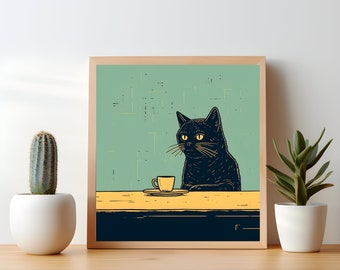 Black Cat Chilling with Coffee - Kitchen Wall Decor - Retro Vintage Quirky Illustration - Unframed Square Cat Art Poster