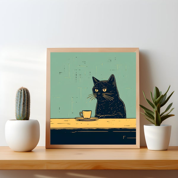 Gato negro relajándose con café - Decoración de pared para cocina - Ilustración retro vintage peculiar - Póster de arte de gato cuadrado sin marco
