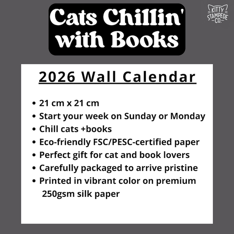 Cats Chillin' with Books 2026 Wall Calendar, Funny Cat Calendar Gift for Book Lovers, Monthly Calendar for Readers - EU & UK Version image 6