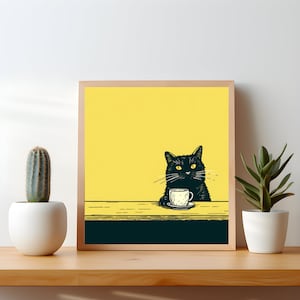 黒猫アート、黄色のアートプリント、個性的なキッチンデコレーション、ドーパミンデコレーション、猫のプリント、個性的なウォールアート、コーヒー愛好家へのギフト、黒猫の壁飾り