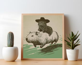 Funny Cowboy Cat & Capybara Poster - Quirky Retro Home Decor - Silly Animal Art Print - Gift for Cat Lovers