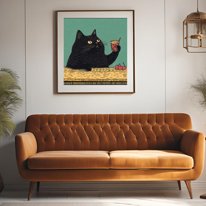 Black Cat Cocktail Art Print, Funny Cat Kitchen Wall Decor, Bar Cart ...