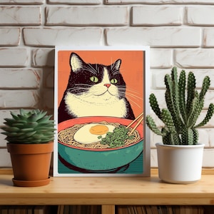 Tuxedo Cat Ramen Lover Dinner poster, bistro diner illustratie, kawaii keuken prints decor, unieke kattenkunst