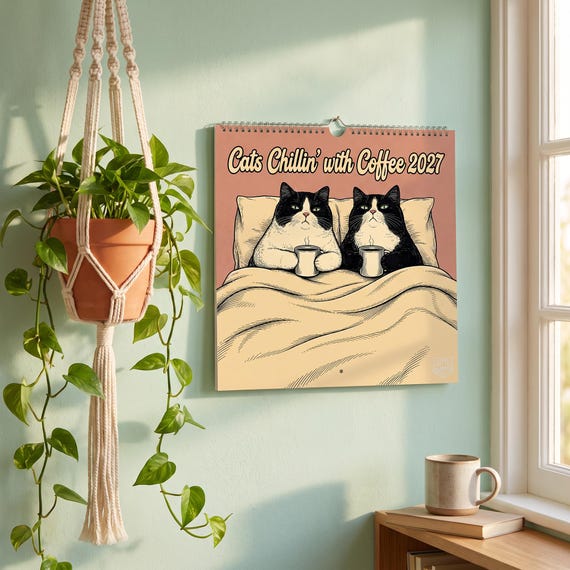 Funny Cat Calendar 2027 | Cats Chillin with Coffee Wall Calendar | Cute Cat Lover Gift | 8.5x8.5 or 8.5x11 | Coffee Lover Gift