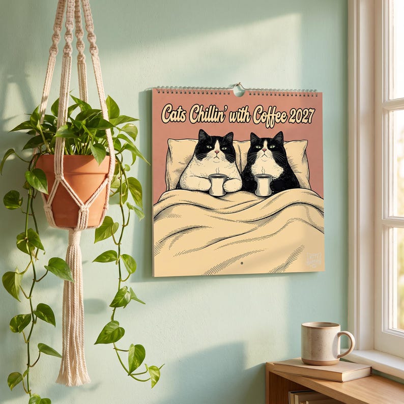 May include: A square wall calendar titled Cats Chillin' with Coffee 2027 featuring an illustration of two black and white cats sitting up in bed under a blanket, each holding a small coffee mug. The calendar has a spiral binding at the top.