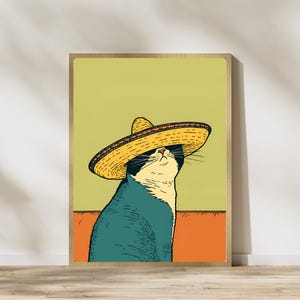Póster de gato mexicano peculiar - Decoración con sombrero para amantes de los gatos - Adorable obra de arte de gato con esmoquin - Regalo para amantes de los gatos