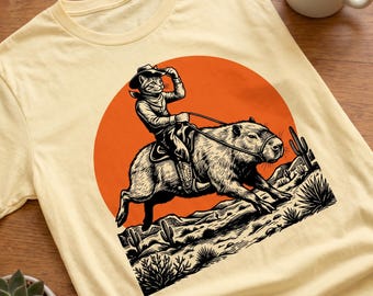 Cat Riding Capybara T-Shirt, Funny Western Cowboy Tee, Comfort Colors Graphic Shirt, Unisex Gift
