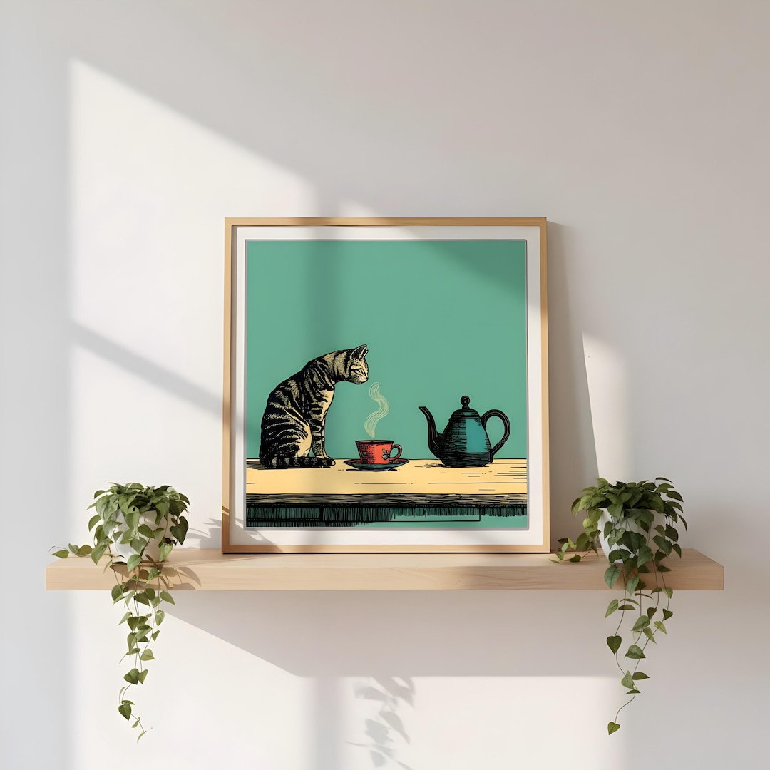 Tabby Cat Tea Party Art Print | Retro Whimsical Wall Decor - Etsy