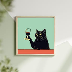 Cheers ウォールアート - 面白い黒猫のポスター、かわいい猫のプリント、猫好きのための風変わりなワインデコレーション、バーカートに最適なギフト