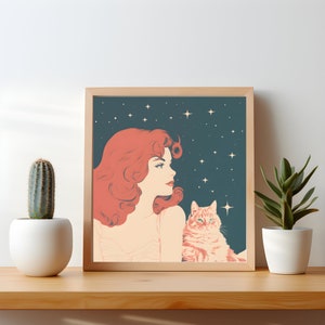 Vintage 70s Boho Celestial Red-Haired Girl and Orange Tabby Ginger Cat Art Poster - Premium Matte Square Retro Comic Style Wall Art Decor