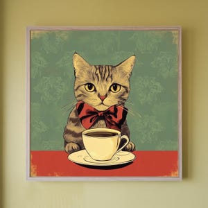 Eigenzinnige Cyperse kat poster - vintage vlinderstrik kunst aan de muur - grappige kat poster - koffie Art Print - Dark Academia Home Decor - cadeaus voor kattenliefhebbers