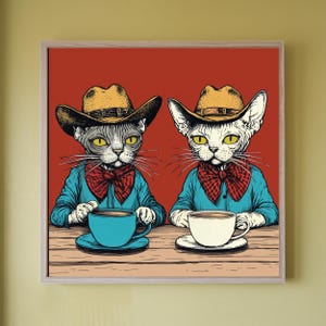 Hairless Cats Western Art Print – Hairless Cowboy Cats Chilling with Coffee, Perfect Gift for Sphynx Cat Lovers