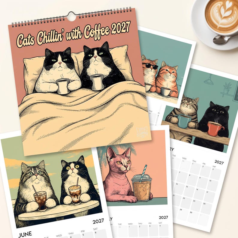 May include: A 2027 wall calendar titled Cats Chillin' with Coffee featuring various illustrations of cats drinking coffee. The cover shows two black and white cats in bed with mugs, while other pages display cats with iced coffee and mugs in different settings.