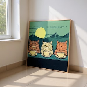Stampa di gatti di montagna - Divertente poster di gatti per gli amanti del caffè, originale opera d'arte per esterni con gatti, grazioso arredo per bar - Regalo per gli amanti dei gatti