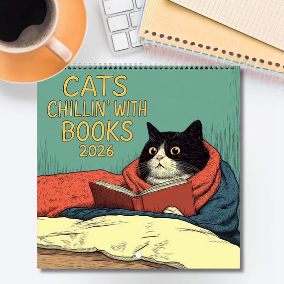 Cats Chillin' with Books 2026 Wall Calendar, Funny Cat Calendar Gift for Book Lovers, Monthly Calendar for Readers - EU Global Version