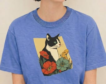 Tuxedo Cat Shirt, Botanical Floral Graphic Tee, Cottagecore Cat Lover Gift