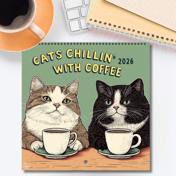 2026年 猫壁掛けカレンダー | コーヒーを飲みながらくつろぐ猫たち