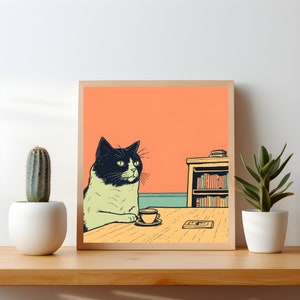 Tuxedo Cat Chilling with Coffee - Kitchen Wall Decor - Retro Vintage Quirky Illustration - Coffee Bar Book Lover Square Peach Art Poster