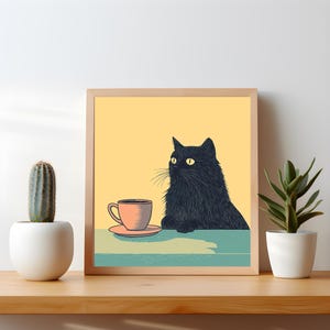 Fluffy Black Cat Chilling with Coffee, Quirky Kitchen Wall Decor, Retro Cat Illustration, Coffee Bar Decor, Square Cat Art Poster