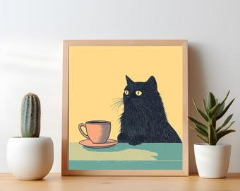 Póster de gato negro esponjoso para café, original arte de pared para cocina, ilustración retro de gato, decoración de cafetería, regalo para amantes de los gatos.