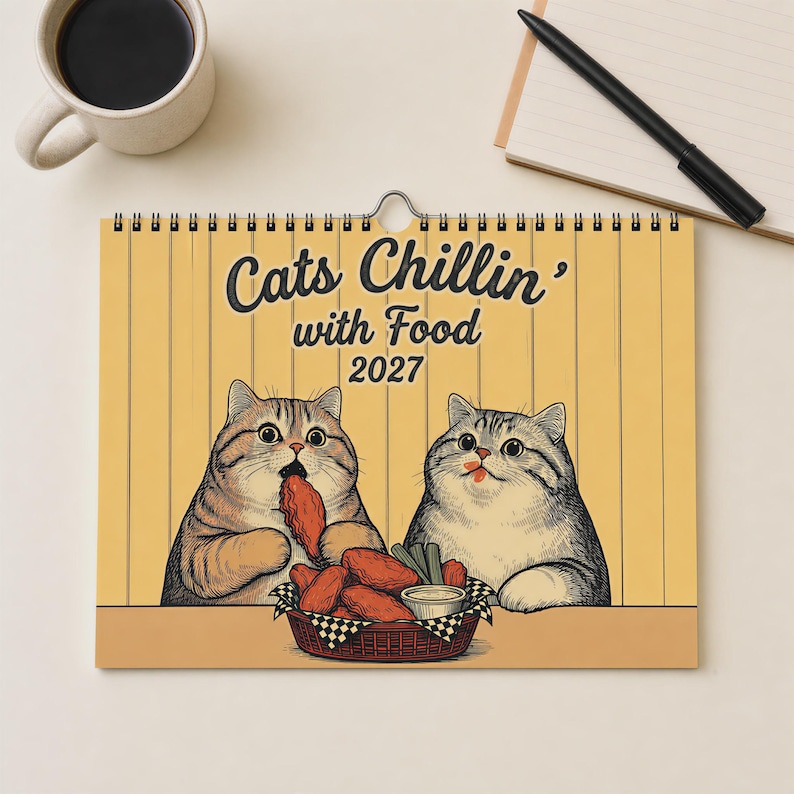 Puede incluir: Un calendario de pared 2027 con fondo amarillo que muestra dos gatos ilustrados comiendo alitas de pollo de una cesta. El texto dice Cats Chillin' with Food 2027. El calendario est&aacute; encuadernado en espiral en la parte superior y presenta una cesta roja llena de pollo frito y apio.