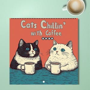 Kalender 2025, maandplanner, muurkalender kattenkunst, leuke kalender, kalender grappige kat, katten chillen met koffie, cadeau grappig koffieliefhebber