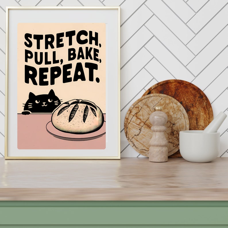 Quirky Black Cat Baking Art Poster for Retro Kitchen Decor, Funny Home