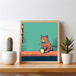 Gato atigrado naranja relajándose con un café - Decoración original para cafetería o cocina - Póster cuadrado con estampado de gato - Regalo para mamá gata pelirroja