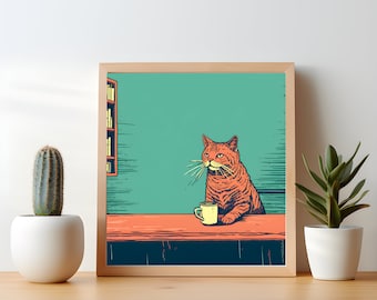 Orange Tabby Cat Chilling with Coffee - Quirky Kitchen Coffee Bar Decor - Cat Wall Art Print Square Poster - Ginger Cat Mom Gift