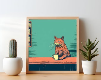 Orange Tabby Cat Chilling with Coffee - Quirky Kitchen Coffee Bar Decor - Cat Wall Art Print Square Poster - Ginger Cat Mom Gift