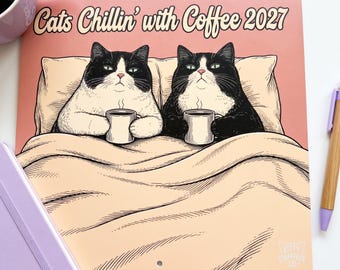 2027 Office Wall Calendar, Funny Cats with Coffee, Cute Office Decor Gift, Monthly Calendar for Cat Lovers