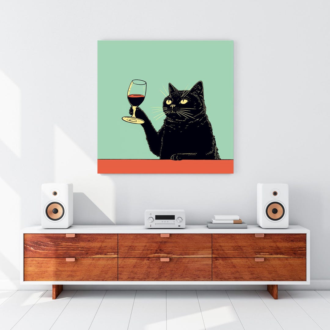 Black Cat Wine Poster – Funny Bar Cart Wall Art for Cat Lovers ...