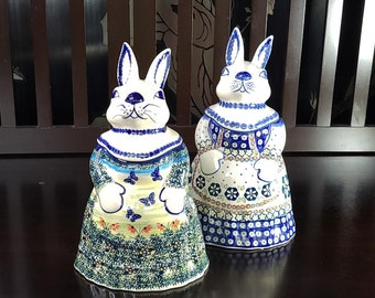 2 Piece Vintage Polish "Unikat" Pottery Rabbit Cookie Jars