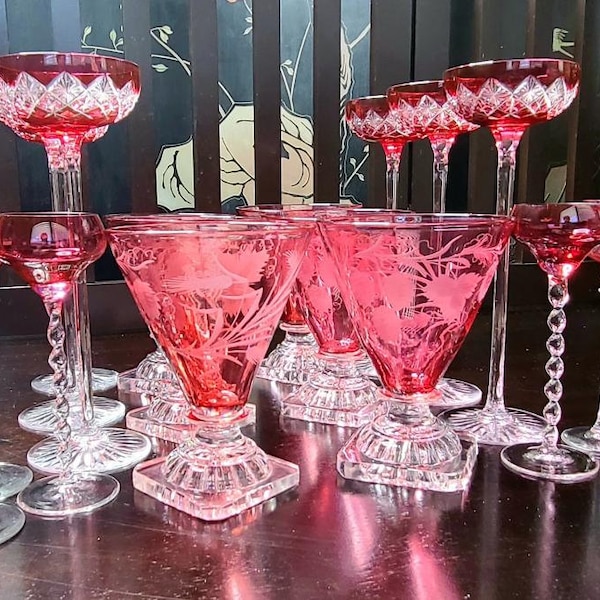 RARE! 18 (pc) Antique Pink Prussian Crystal Glasses