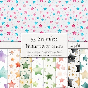 55 naadloze aquarel sterrenpatroon, digitaal papierpakket, licht, melkweg, sterren, pastel, romantisch, instant download voor commercieel gebruik