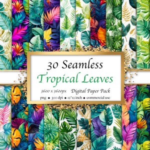 Motivo a 30 foglie tropicali ad acquerello senza cuciture, pacchetto di carta digitale, febbre della giungla, monstera, download istantaneo per uso commerciale