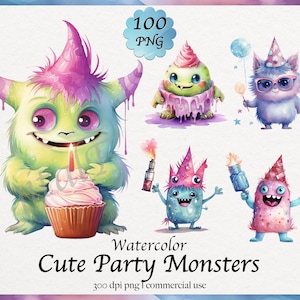 100 aquarelle mignon fête monstre Clipart, fête d'anniversaire, célébration du nouvel an, Noël, téléchargement numérique de graphiques PNG, usage commercial
